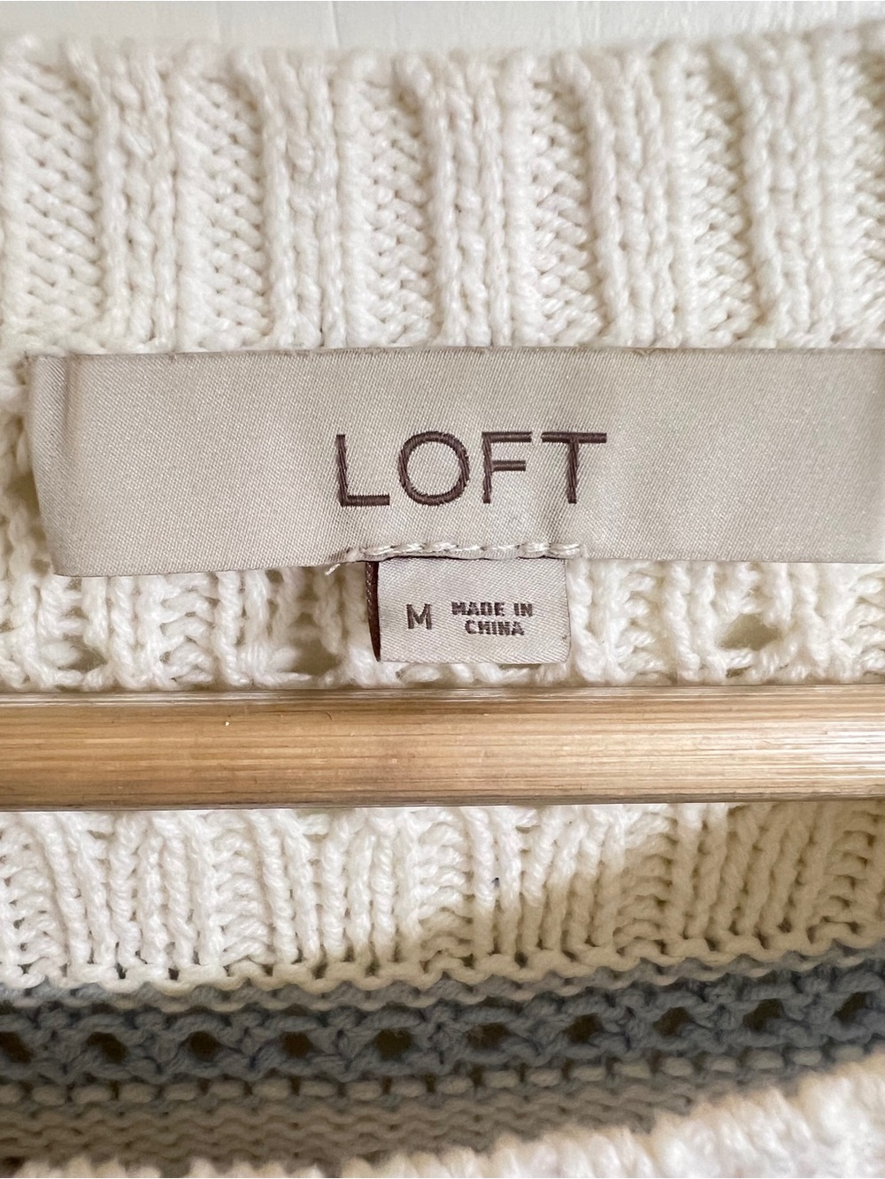LOFT Chunky knit Open Stitch Cream Sweater with Light and Royal Blue Stripes, M - Picture 8 of 9